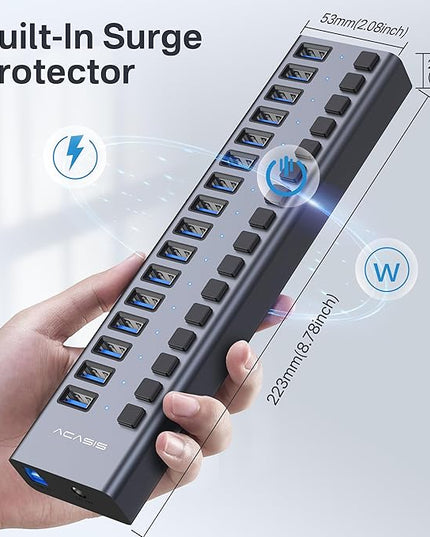 Powered USB 3.2 Hub, ACASIS 16 Ports USB 3.2 Hub with 10Gbps Data Speed，Aluminum Housing, USB Hub Powered with 96W Power Adapter, USB Hub for PC/Laptop, Computer, Flash Drive, Printer, Camera