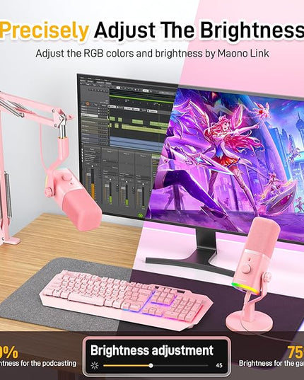 MAONO XLR/USB Gaming Microphone Kit: Dynamic PC Mic for Streaming Podcasting, Software Support, Mute Button, Gain Control, RGB Computer Mic with Boom Arm Stand, for Recording, PS4/PS5, PD100XS Pink