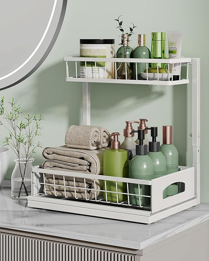 Under Sink Organizer and Storage, Height Adjustable Cabinet Organizer with Slide Out Drawer, Pull Out Under Sink Storage, Multi-Purpose 2 Tier Sink Shelves for Kitchen Bathroom Pantry (White, 1 Pack)