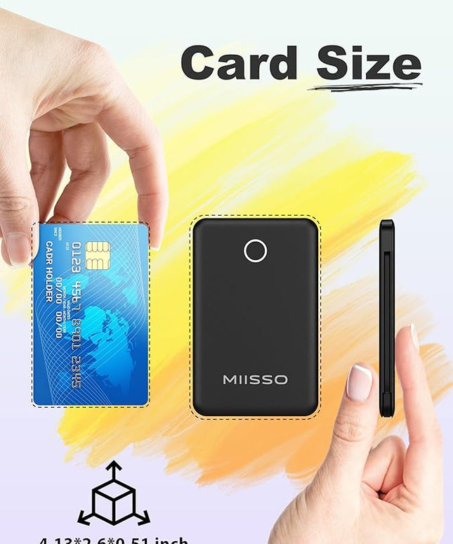 miisso 6000mah Ultra Slim Built in Cables Power Bank, Card Size Built in USB C Cords Battery Pack Portable Charger for Phones, 3 Output External Battery Pack Compatible with iPhone, Deep Black