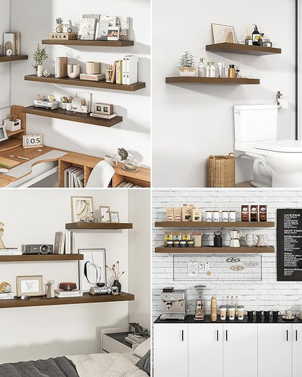 RICHFOCUS 55Inch Floating Shelves for Wall 2 Pack Shelves for Bedroom|Kitchen|Bathroom Wall Mounted Rustic Wood Floating Shelf with Invisible Brackets for Books|Storage|Decor, Walnut