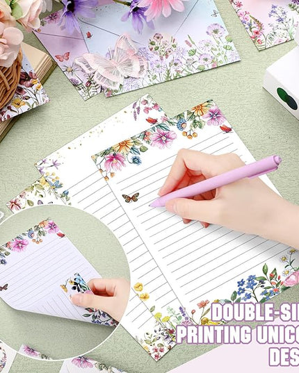 TaoBary 160 Pcs Stationery Paper Set 50 Double Sided Stationery Papers with 50 Matching Envelopes and 60 Round Dot Sticker, 10 Design(Wildflower,5.5 x 8.25 Inch)