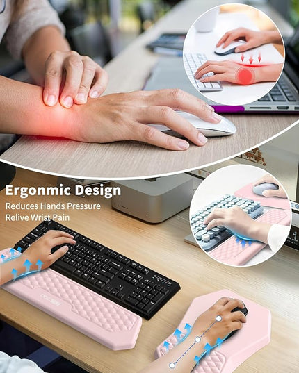 Ergonomic Mouse Pad and Keyboard Wrist Rest Support Set, Massage Design Mousepad for Carpal Tunnel Pain Relief, Memory Foam, Non-Slip PU Base for Computer Desk, Pink