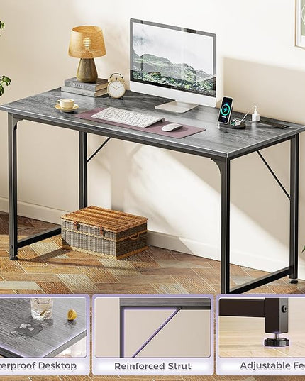 PRAISUN 47 X 20 Inch Office Computer Desk with Power Outlets and USB-C Port, Larger Gaming Desk, for Home Office, Study, Bedroom, Writing Work from Home Table, Metal Frame, Grey