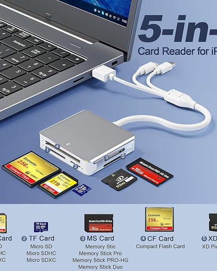 5-in-1 Memory Stick Pro Duo Adapter, USB C SD Card Reader for iPhone with Lightning/USB-C/USB 3.0 Connectors, Compatible with SD/Micro SD/MS/CF/XD Cards, Memory Stick Pro Duo Reader for Android/PC/Mac