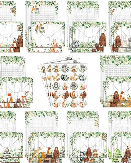 TaoBary 160 Pcs Stationery Paper Set 50 Double Sided Stationery Papers with 50 Matching Envelopes and 60 Round Dot Sticker, 10 Design(Land Animal,5.5 x 8.25 Inch)