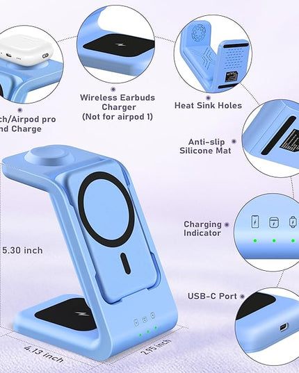 3 in 1 Wireless Charging Station: 5000mAh Removable Power Bank Charger Stand for Phone/Watch/Air Pods - Portable Magnetic Battery Pack for Air 17 16 15 14 13 12 Series Blue