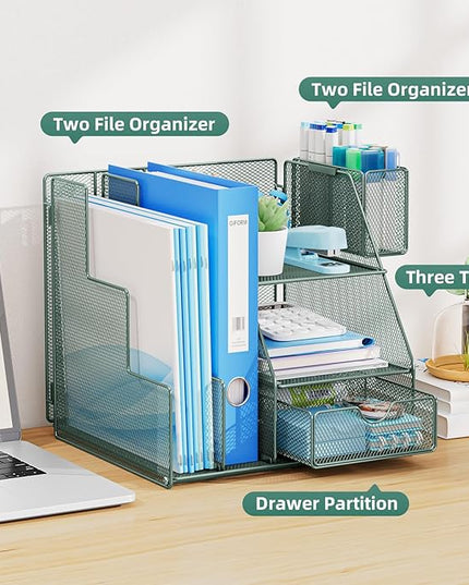Marbrasse Desk Organizer and Accessories, 3-Tier File Organizer with Drawer and Pen Holder, Small Desktop Organizer and Storage for Workspace Office Supplies Green