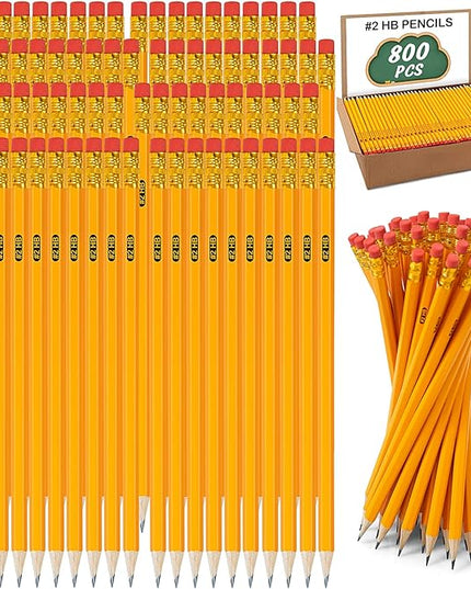 IKAYAS 800 Pack #2 HB Pencils Bulk Yellow Sharpened Pencils with Erasers for Kids, 2 Pre-sharpened pencils for classroom office Supplies, Writing, Drawing and Sketching (Wood-Cased)
