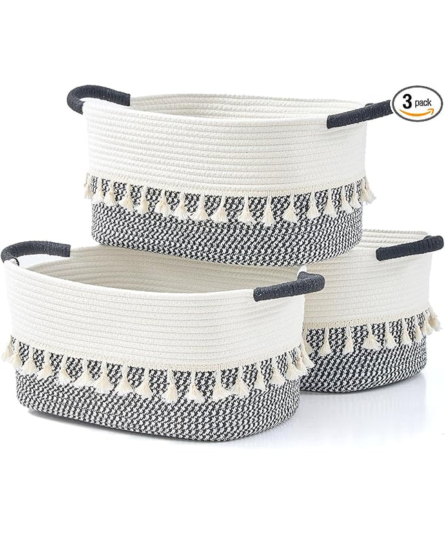 Storage Bins Woven Baskets for Storage Set of 3, Cotton Rope Basket with Handles for Toys/Shelves/Laundry, Rectangle Multi-Purpose Organizer for Living Room, Bedroom, Nursery (White/Black)