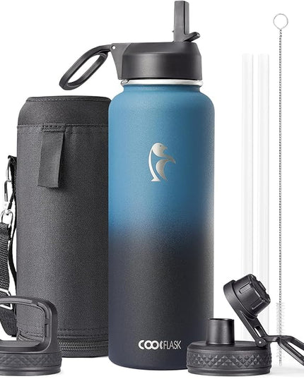 Water Bottle 40 oz Insulated with Straw, Coolflask Stainless Steel Metal 3 Lids Water Flask for Sports or Office, Keep Cold 48H Hot 24H, Samurai Cyan