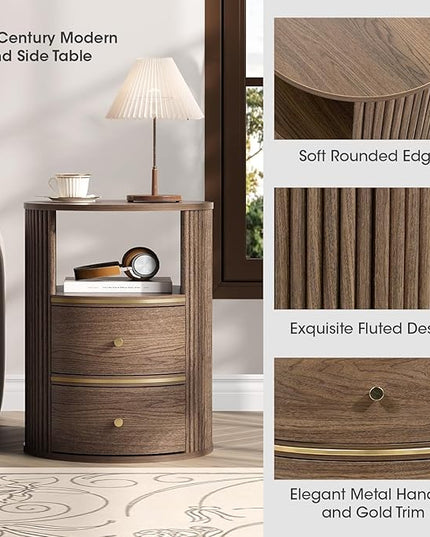 JOINICE Round Coffee Table and End Table Set,31.5" Mid Century Modern Living Room Furniture, Walnut Fluted Center Table with Storage & Matching Side Table for Small Space