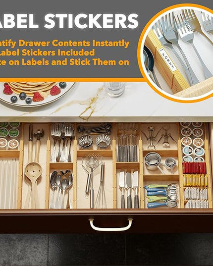 SpaceAid Bamboo Drawer Dividers with Inserts and Labels, Kitchen Adjustable Drawer Organizers, Expandable Organization for Home, Office, Dressers, 7 Dividers with 15 Inserts (17"-22" Natural)