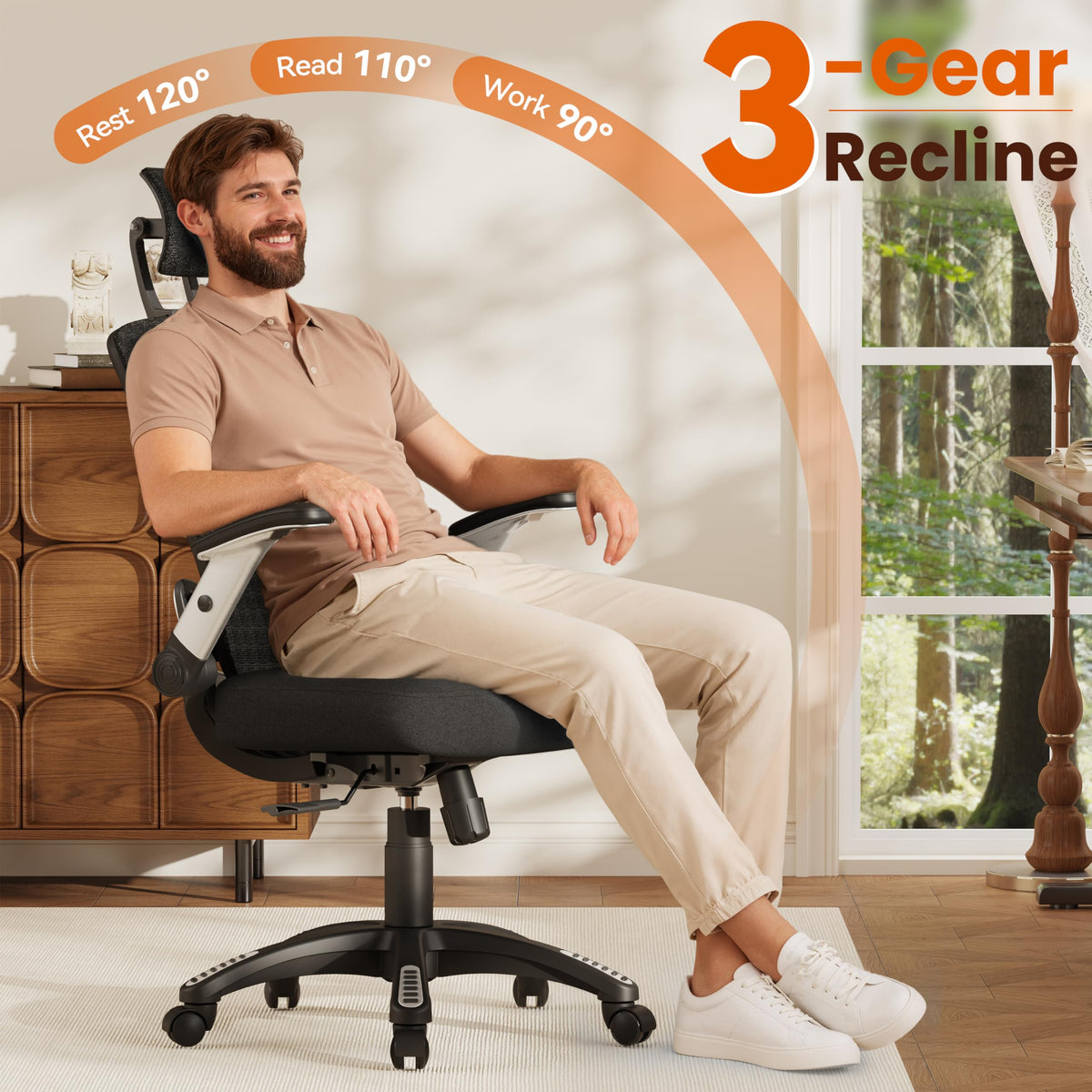 GABRYLLY Ergonomic Office Chair, High Back Home Desk Chair with Flip-Up Arms, 3D Headrest, 90-120° Tilt and Wide Cushion Seat, Big and Tall Computer Chairs for Man Woman, Mesh Chair -Midnight Cloud