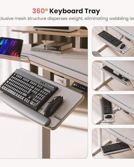EUREKA ERGONOMIC Standing Desk with Keyboard Tray, Large Music Studio Gaming Desk, Wing Shaped Sit Stand Table 72'', LED Convertible Shelves, Dual Motor&Slot, Maple