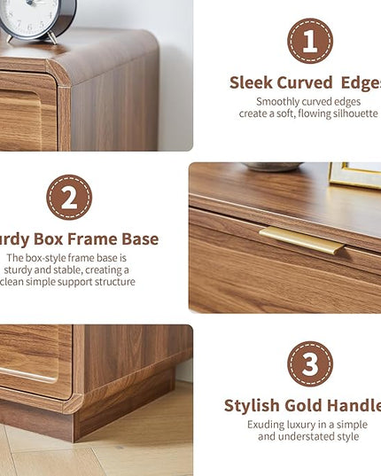 Modern Nightstand Set of 2 for Bedroom, 26'' Wide Wood 3 Drawers Bedside Table, Large Dresser w/Curved Profile Design, Side Table, End Table with Storage Drawers for Living Room, Entryway, Walnut