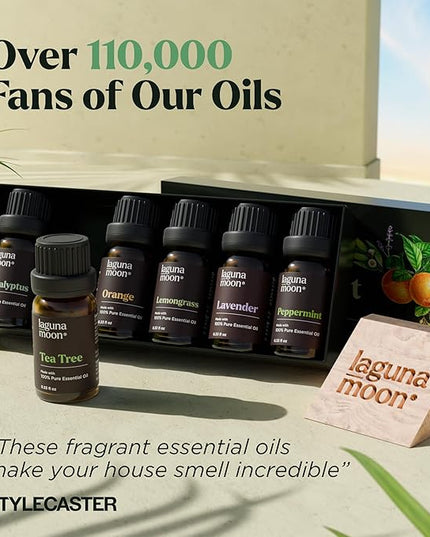 Lagunamoon Essential Oils Aromatherapy Set - 6 Oils for Diffusers, Home Care, Candle Making Scents, Fragrance, Humidifiers, Gifts - Peppermint, Tea Tree, Lavender, Eucalyptus, Orange (10mL)