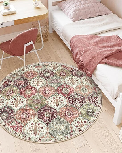 Lahome Moroccan Trellis Round Area Rugs, Washable Small Round Rug 3ft Non-Slip, Soft Vintage Ultra-Thin Circle Carpet for Bedroom Entryway Kitchen Laundry Bathroom, Orange/Terracotta