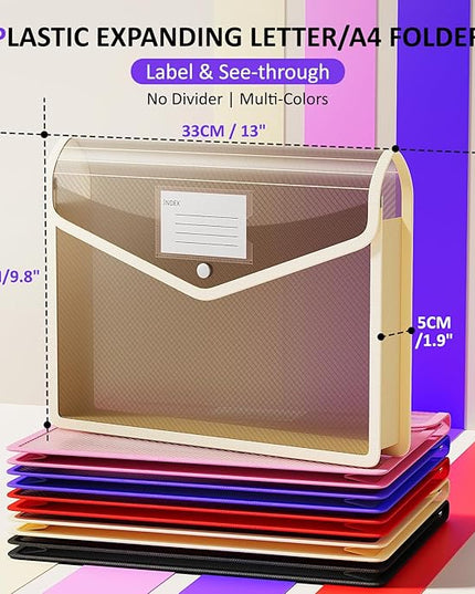 ThinkTex Plastic Expanding File Folder, Transparent Envelopes with Snap Closure,Suitable for Home, Office, School and Hospital, Large Capacity，No Dividers, 5 Colors, Fit Letter/A4 Size-10 Pcs