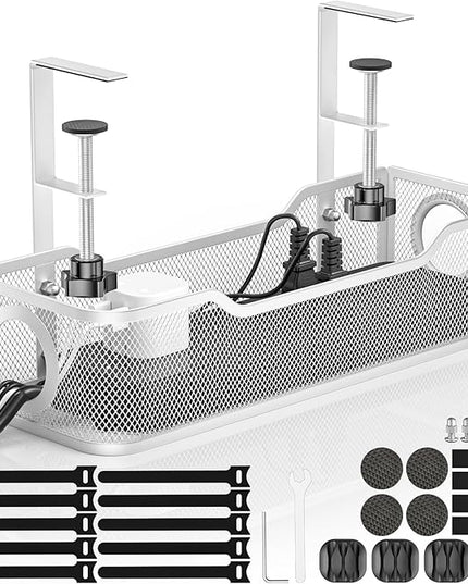 Under Desk Cable Management Tray - GZOKMOG No Drill Cord Organizer with Clamp, Workspace Organizers for Cords, Metal Mesh Wire Management for Home and Office, 1 Pack White, 13.38 inch
