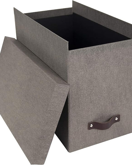 Bigso John Desktop File Box - Storage Solution and Document Organizer for Important Paperwork - Durable Hanging File Box with a Lid and Leather Handle - 7.36 in x 13.26 in x 10.51 in - Grey