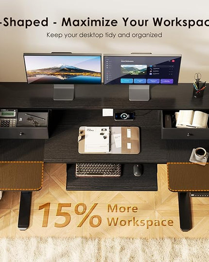 OffiGo U Shaped Electric Standing Desk with Drawers, 55 Inch Height Adjustable Desk with Keyboard Tray ＆ Ergonomic Monitor Stand, Sit Stand Table with Power Outlets for Home, Office, Black