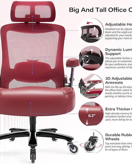 Big and Tall Office Chair 600lbs with 3D Flip Arms, Heavy Duty Large Executive Computer Desk Chair Ergonomic Mesh High Back Plus Size Chair for Adults