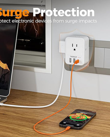USB Charger Block, TESSAN Outlet Extender Surge Protector with USB C, 4 AC Multi Plug Wall Outlet Splitter 1875W, Electrical Plug Expander for Home Office Dorm Room Essentials, White