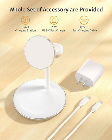 XooFly 3 in 1 Wireless Charging Station for Apple Devices, Fast Wireless Mag-Safe Charger Stand with 20W Adapter for iPhone 17/16 15 14 13 12 Pro Max/Pro/Plus/Air/Mini, iWatch, AirPods (Gold)
