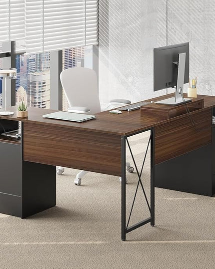 Bestier L Shaped Desk with File Drawers, 63" x 47" Office Computer Desk with Storage Cabinet, Corner Desk with Monitor Stand & Modesty Panel for Home Office, Cherry