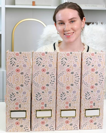 BLU MONACO Foldable Magazine File Set of 4 with Floral Boho Design – Decorative Cardboard Magazine Organizer for Home, Office & Dorm Room – Artistic Magazine Storage Solution
