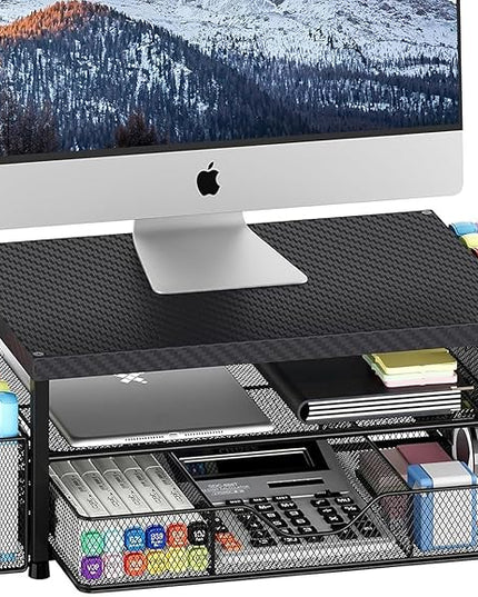 OPNICE Desk Organizer and Accessories, 2-Tier Computer Monitor Stand with Drawer and 2 Pen Holders, Laptop Stand, Office Desk Accessories for Office Supplies, Carbon Fiber