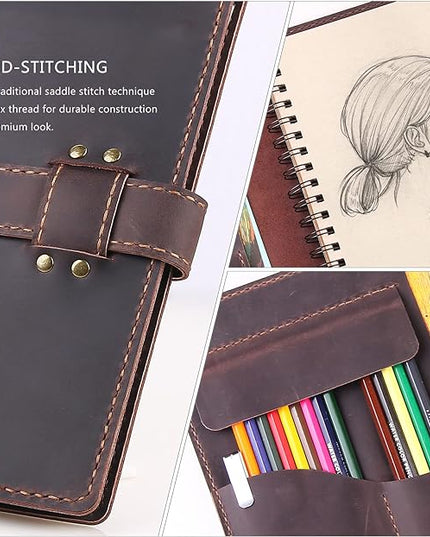 Robrasim Handmade Leather Sketchbook Cover, Leather Artist Sketch Pad Cover for 5.5" x 8.5" Sketchbook, Drawing Book and Pencil Case, Journal Notebook Portfolio, Artis Gifts-Coffee