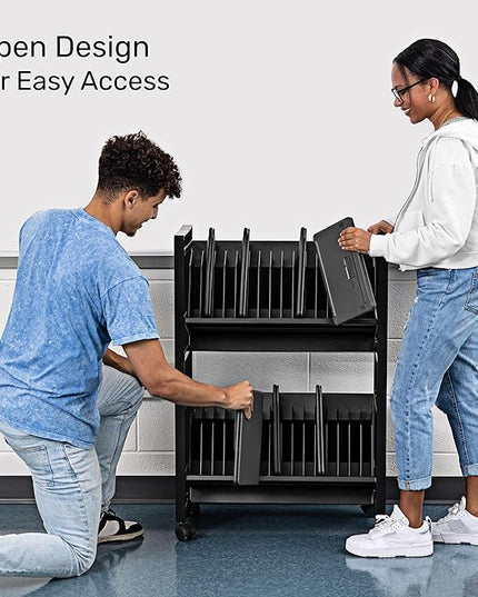Line Leader 32-Device Mobile Charging Station | Steel Rolling Cart for Laptops, Tablets, & Chromebooks | Open Design with Dividers & UL-Certified Surge Protection | Portable Charging Stand (Black)