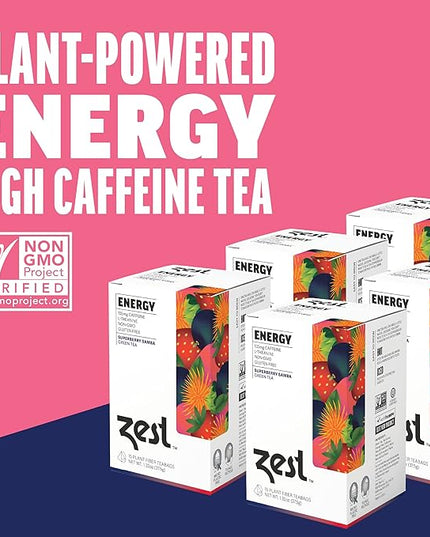 Zest Energy Green Tea - Superberry Samba - High Caffeine Strawberry, Acai, & Passion Fruit Tea - Caffeinated Coffee Altnernative with Antioxidants - Natural, Non-GMO & Keto - 15Ct Box - 135mg Caf