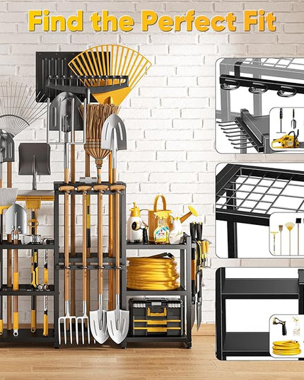 42" H Large Garden Tool Organizer, Holds Up to 86 Tools, Heavy Duty Yard Tool Organizer for Garage, 61“ Wide Lawn Freestanding Tool Storage Rack for Outdoor Shed Tool Rake, Shovel, Brooms