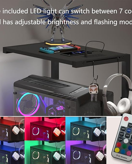 Computer Tower Stand with LED Light Strip,Mobile Rolling CPU Holder,Height Adjustable PC Tower Stand with Charging Station for Office Home (Black)