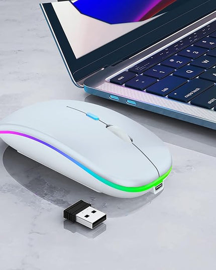 Wireless Bluetooth Mouse Rechargeable Laptop Mice with LED Lights Silent Slim Use(BT5.2 & USB 2.4G Portable Receiver) Dual Mode Computer Mouse for Laptop/iPad/Tablet/Apple/Computer/Mac(White)