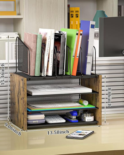 4-Tier Desk Organizer, Desk File Organizer with 5 Vertical File Holders, Office Desktop Organizer with 3 Level Paper Organizer Letter Tray, Wooden Desk Organizers and Accessories for Home Office