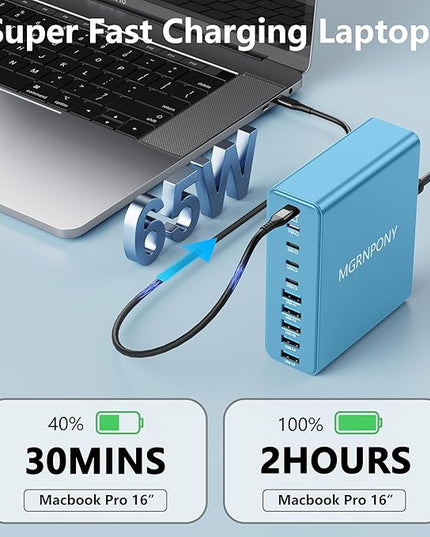 320W USB C Charger Block, 10-Port USB C Charging Station GaN III PD 65W PC Laptop Fast Charger Adapter for MacBook Pro/Air, DELL, iPad, iPhone, Samsung Galaxy (Light Blue)