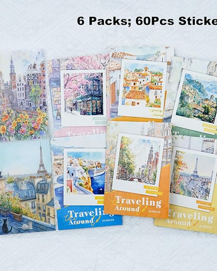 AuriicLeaf Travel Scenery PET Sticker Set, 60PCS Large Landscape Scrapbook Supplies for Journaling, DIY Crafts and Planner