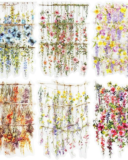 AuriicLeaf Hanging Floral PET Stickers Set, 60PCS Botanical Flower Stickers for Scrapbooking, Journaling, DIY Crafts, and Art Supplies