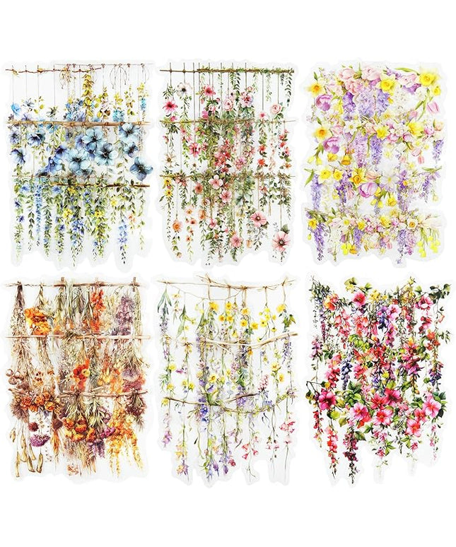 AuriicLeaf Hanging Floral PET Stickers Set, 60PCS Botanical Flower Stickers for Scrapbooking, Journaling, DIY Crafts, and Art Supplies