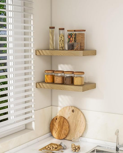 RICHFOCUS 16Inch Floating Shelves for Wall 2 Pack Shelves for Bedroom|Kitchen|Bathroom Wall Mounted Rustic Wood Floating Shelf with Invisible Brackets for Books|Storage|Decor, Oak