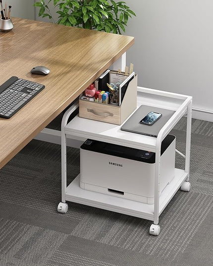 20 Inches Deep Large Printer Stand, 2 Tier Under Desk Printer Table with Height Adjustable Shelf, Rolling Printer Cart with Wheels for Home Office Storage - White