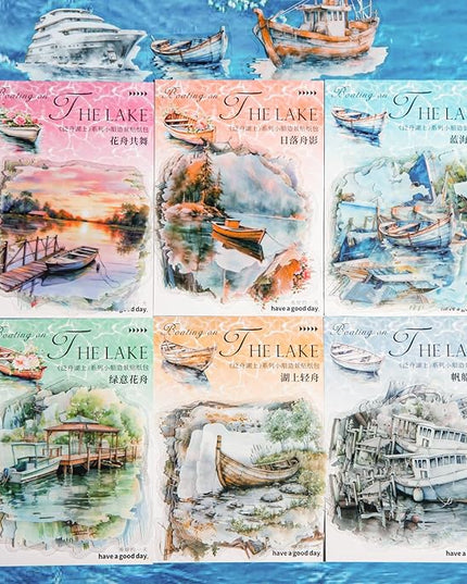 Dwpetzo Vintage Lake Boat Scenery Scrapbook Stickers Set, 120 Pieces Decorative Transparent PET Stickers for Journaling, Junk Journal Supplies, Collage, Scrap Book, Bujo