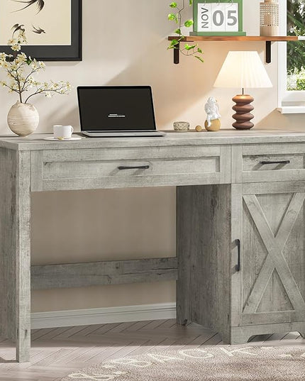 Vabches Farmhouse 51" Executive Desk,Computer Desk with Drawers and Storage Cabinet, Workspace for Home Office and Study.Grey