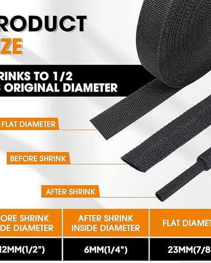SUNNAREPOON Braided Heat Shrink Tubing Black 2 in 1 Automotive Shrinkable Cloth Wire Loom Hose Cover Management Protector (1/2"-15ft)