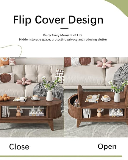 Coffee Table with Storage,Mid Century Modern Coffee Tables with 2 Flip-Top Hidden Lids,Fluted Coffee Table,Wood Center Tables for Living Room Home Office (Walnut Color)