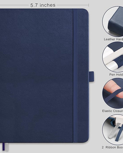 RETTACY Lined Journal Notebook, 192 Numbered Pages, A5 Medium Size (5.7'' x 8.3''), for Men & Women, Journaling, Writing, Work & Office, Leather Hardcover, 100 GSM Thick Paper (Navy Blue)